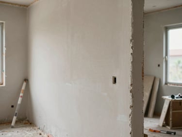 Detail of freshly plastered interior wall in a Cameroonian renovation site, straight edges and clean corners under natural window light, tools staged beside