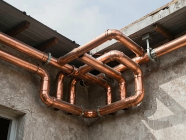 Organized copper pipe manifold installation inside a building wall cavity on a Cameroonian site, clean labelled connections, daylight from open ceiling above