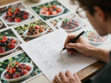 A creative director sketching content ideas on a storyboard, surrounded by mood boards with food imagery. Soft natural daylight, rich crimson and forest green tones, shallow depth of field.