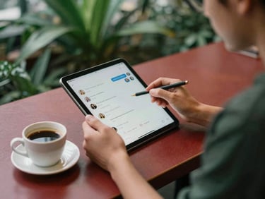 A social media manager engaging with comments and messages on a tablet, a cup of coffee nearby. Soft natural daylight, rich crimson and forest green tones, shallow depth of field.