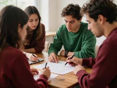 Behind-the-scenes shot of agency team members collaborating on a content calendar, focused expressions, planning session around a wooden table, soft natural daylight, warm editorial photography, rich crimson and forest green tones, shallow depth of field, 35mm film.