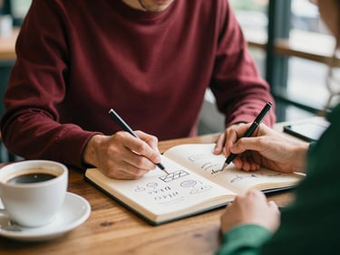 Medium-wide environmental shot of a social media strategist sketching content ideas on a notebook in a cozy, cafe-like setting, soft natural light, a coffee cup and a tablet visible, warm editorial photography, soft natural daylight, rich crimson and forest green tones, shallow depth of field, 35mm film.