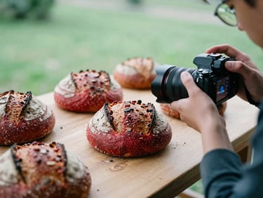 A photographer carefully composing a shot of artisanal bread on a wooden surface, camera in hand. Soft natural daylight, rich crimson and forest green tones, shallow depth of field.