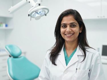 Professional portrait of Dr. Priya Sharma, an Indian female dentist, smiling warmly in a modern clinic setting, bright clinical photography.