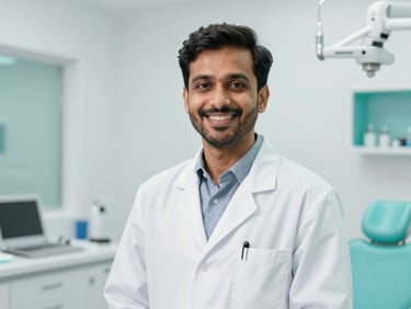 Professional portrait of Dr. Rohan Gupta, an Indian male dentist, smiling confidently in a modern clinic setting, bright clinical photography.