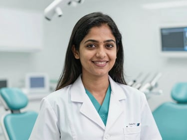 Professional portrait of Dr. Anjali Singh, an Indian female dentist, with a reassuring expression in a modern clinic setting, bright clinical photography.