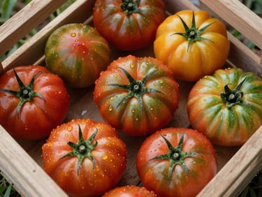 A wooden crate filled with freshly harvested heirloom tomatoes of various colors, shot from above with natural morning dew reflecting light.