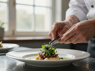 A chef's hands carefully adjusting a microgreen garnish on a beautifully plated dish with tweezers under soft, natural kitchen window lighting.
