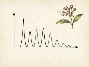 A clean, minimalist scientific diagram of a gas chromatography profile showing lipid peaks, styled like an antique 19th-century scientific notebook sketch, muted ink lines on aged cream paper texture.