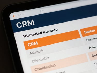 Close-up macro shot of a CRM interface showing attributed revenue and client acquisition data, with a subtle orange highlight on key metrics, high-contrast cool daylight, deep slate and sharp orange accents, sharp focus, 35mm lens.