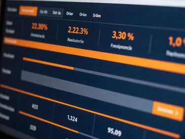Close-up macro shot of a data dashboard displaying search query performance with clear conversion metrics, high-contrast cool daylight, deep slate and sharp orange accents, sharp focus, 35mm lens.