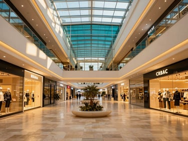 Modern retail center interior in Baku with warm architectural lighting, stone floors, glass atrium