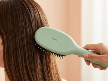 Close-up of a modern Tymo hair styling brush being used on smooth brown hair, soft natural morning light, warm peach tones, shallow depth of field