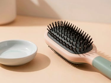 A warm lifestyle shot of a round hair styling brush next to a small ceramic dish, soft peach tones