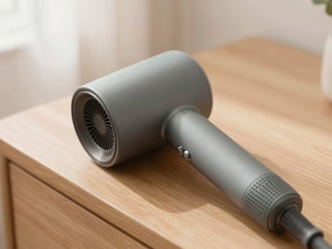 Close-up of a sleek grey hair dryer resting on a wooden vanity table, soft diffused window light