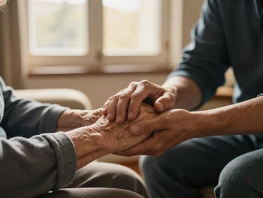Caregiver gently holding an elderly woman's hand in a sunlit living room, soft focus on hands, warm editorial photography, soft golden-hour window light, rich deep tones, shallow depth of field.