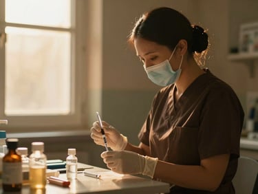 Nurse precisely preparing medical equipment on a clean surface, with a warm, soft window light, shallow depth of field, warm editorial photography, rich deep tones.