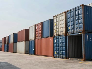 Wide environmental shot of a busy loading dock in our Guangzhou warehouse, cargo containers aligned, bright industrial daylight.