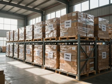 Wide environmental shot of active cargo operations inside a brightly lit warehouse in Yiwu, with labeled crates stacked neatly on industrial steel racks, high-contrast daylight streaming through high windows.