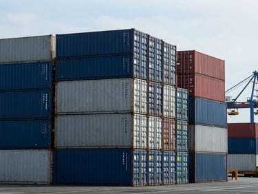 Industrial commercial photography of New York harbor freight facility, cargo containers stacked precisely, cool daylight