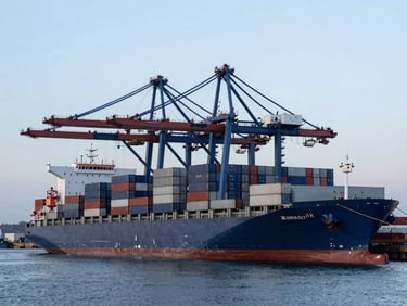 Crisp wide-angle architectural shot of a modern deep-water port at early morning, a cargo ship docked, steel containers stacked in neat grids, cool morning daylight, sharp focus.