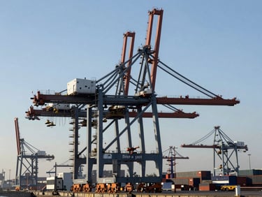 Cool morning daylight shot of Rotterdam port logistics terminal, high-tech automated cranes, steel gray tones, sharp focus