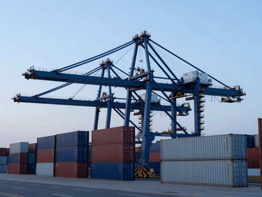 Industrial commercial photography of a modern container terminal at early morning, cool blue and steel gray tones, sharp focus, wide-angle