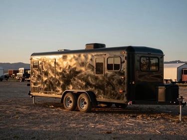 Wide environmental shot of a custom black steel smoking trailer parked at a rugged outdoor venue in Prescott, warm sunset highlights on the metal frame