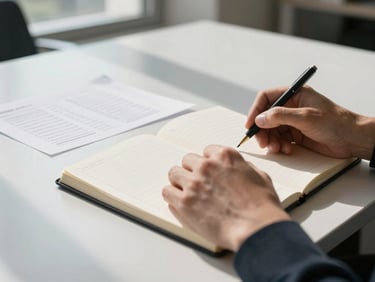 Extreme close-up of hands resting on an open notebook beside a printed program document on a white conference table, north-facing window light casting clean shadows, no faces visible, austere and deliberate