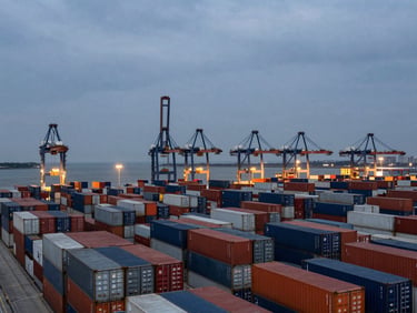 Wide-angle panoramic landscape of a deep-water container terminal at dusk, rows of stacked dark slate and orange shipping containers, towering gantry cranes against an overcast sky.