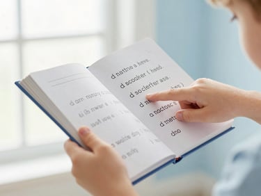 A child's hand holding a structured decodable book open, finger pointing to a word, soft background focus, 35mm.