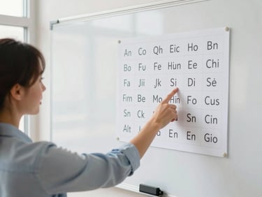 An educator pointing to a phonics chart on a whiteboard during a workshop, warm classroom lighting, 35mm.
