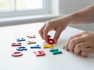 Close-up of hands arranging colorful wooden letter tiles on a white table, bright natural window light, 35mm.
