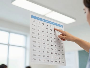 Educator pointing to phonics charts, soft overhead classroom lighting, bright editorial photography, shallow depth of field, 35mm
