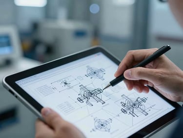 Close-up of an engineer's hands reviewing a complex technical schematic on a tablet, with blurred industrial machinery in the background, cool blue lighting, sharp focus on the details.