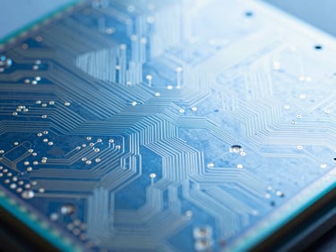 Extreme close-up of a high-resolution silicon wafer reflecting cool blue light, showing intricate circuit patterns, shallow depth of field, technical and precise.