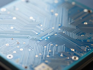 Extreme close-up of a silicon wafer with visible intricate circuit patterns, cool blue and white studio lighting, shallow depth of field.