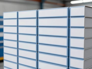 Stack of neatly organized, generic component boxes with blank labels, ready for custom branding in a clean, brightly lit warehouse aisle, industrial daylight, crisp focus.