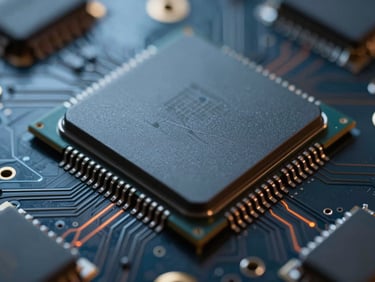 Extreme macro close-up of a mobile processor chip on a dark circuit board, cool blue-gray ambient light with sharp orange laser-like reflections