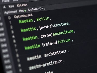 Macro shot of a high-contrast dark IDE interface showing optimized Kotlin code, electric green syntax highlighting, zero-bloat architecture.