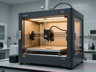 A clean, clinical 3D printing studio with high-end industrial machines operating, warm gold internal chamber lights reflecting on sleek dark metal frames, cinematic atmosphere.