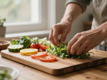 Manos preparando una ensalada fresca con ingredientes coloridos en una tabla de cortar de madera, luz natural de ventana, poca profundidad de campo, warm editorial photography, natural window light, muted earthy tones, shallow depth of field, 35mm