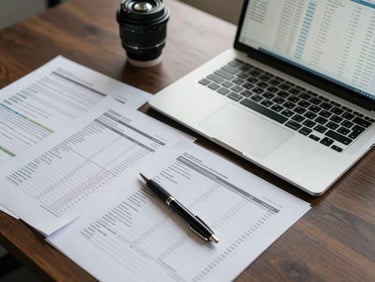 Close overhead view of a financial analyst's desk with printed market data tables, a laptop screen showing a spreadsheet model, and a pen resting on documents, institutional overhead lighting, no people