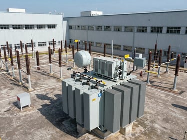 Overhead shot of a substation yard with transformer banks and switchgear under flat institutional daylight, industrial scale visible, no people
