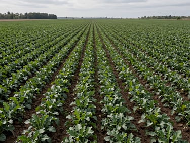 Straight rows of cultivated crops extending to a distant tree line under neutral overcast daylight, wide agricultural landscape, no people, overhead-angled framing