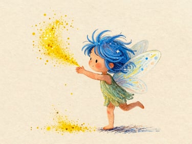 Whimsical hand-drawn little fairy with sparkling wings, messy blue hair, throwing bright yellow glitter dust, warm textured paper background
