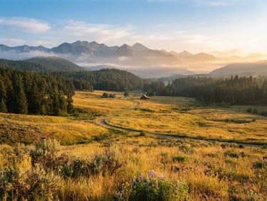 Wide-angle panoramic landscape photography of a golden-grass valley in Boundary County, Idaho, with towering green pine trees, distant misty mountains at sunrise, warm golden-hour light, 35mm film texture.