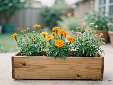 A wooden mobile garden box filled with blooming marigolds and herbs on a sunny patio, soft natural light, 35mm