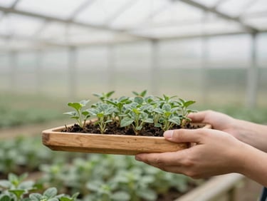 Hands holding a wooden tray of small green native plant starts under soft diffused greenhouse light, shallow depth of field, 35mm