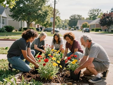 A group of smiling neighbors of diverse ages planting vibrant red and yellow wildflowers on a sunny neighborhood corner, warm late-afternoon sun, 35mm